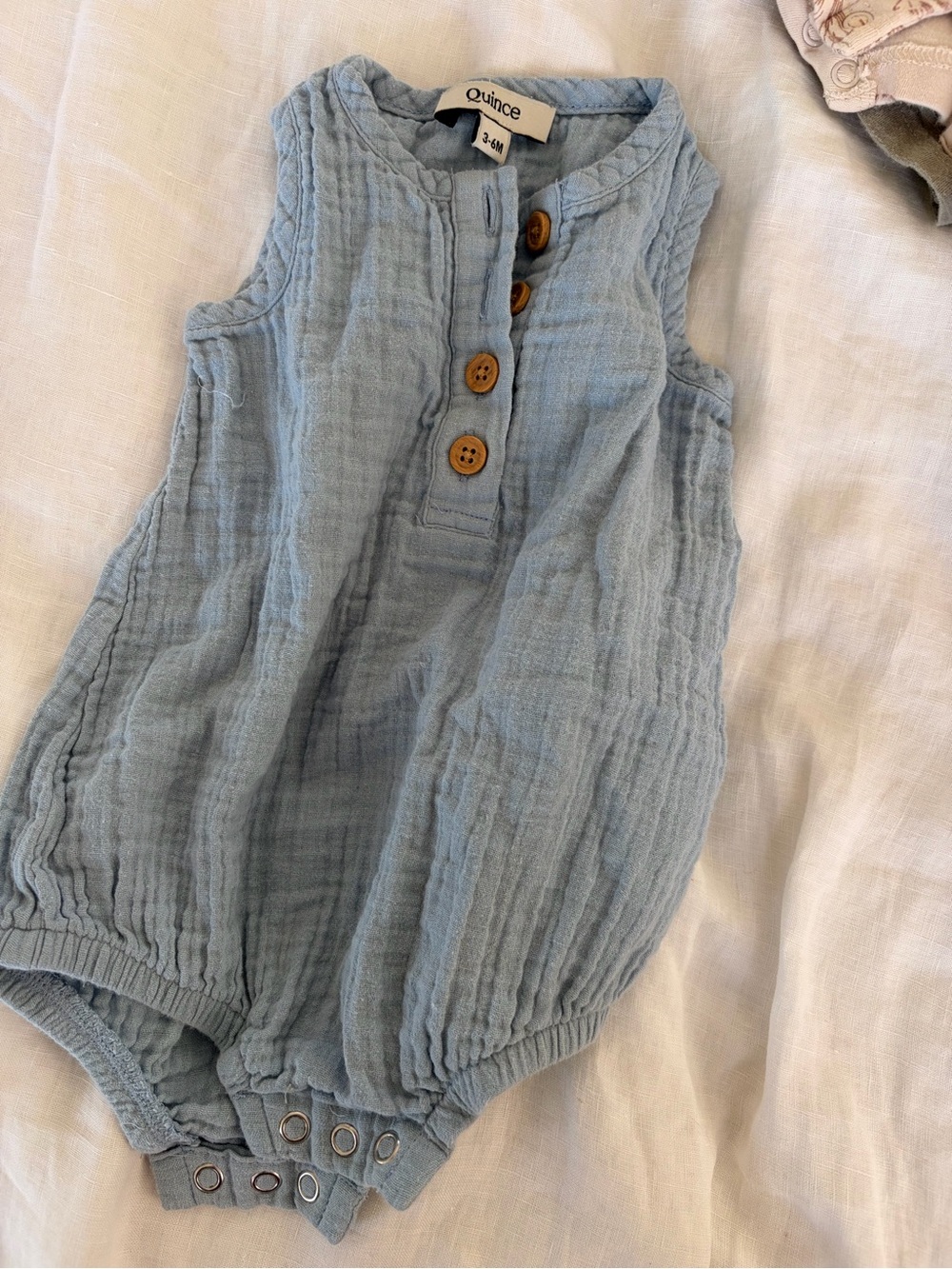 Quince Baby Blue Muslin Romper with Wood Buttons